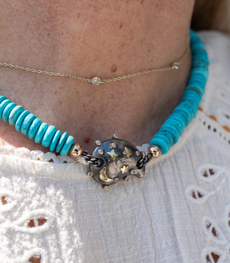 TURQUOISE BEADS, DIAMOND, 10K GOLD AND STERLING PAISLEY NECKLACE