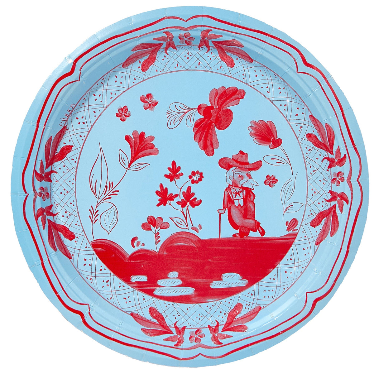Decorative plate with red floral and nature design on a light blue background