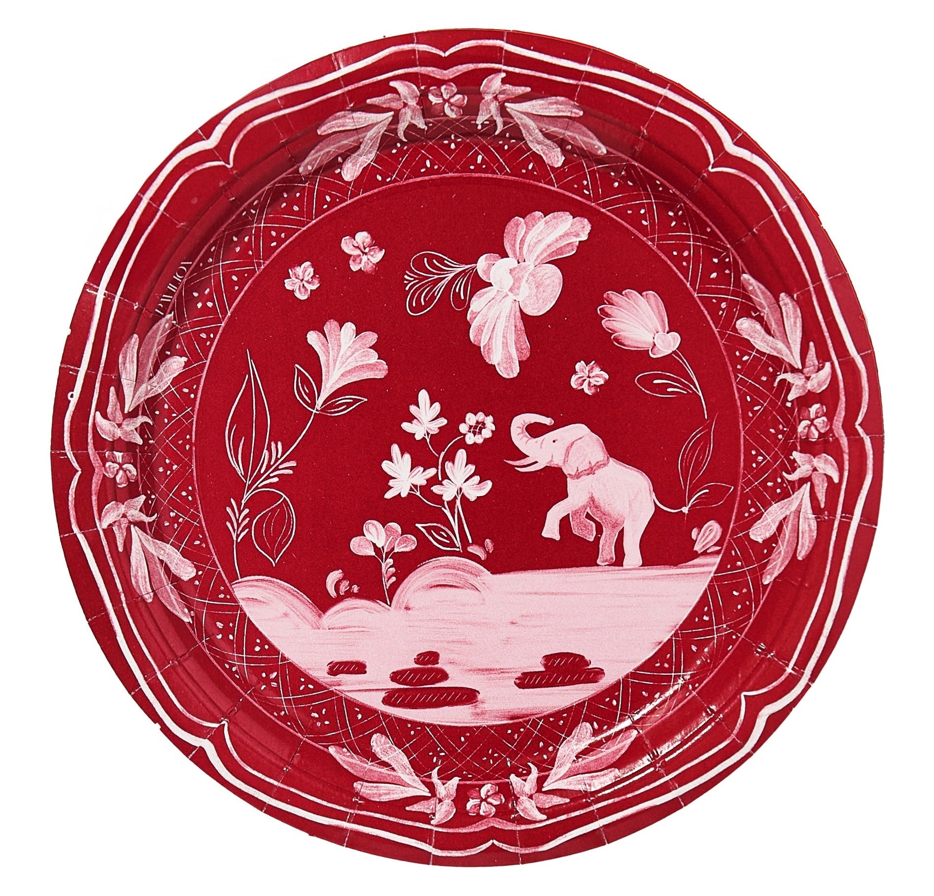 Decorative red plate with white floral and elephant design on a white background