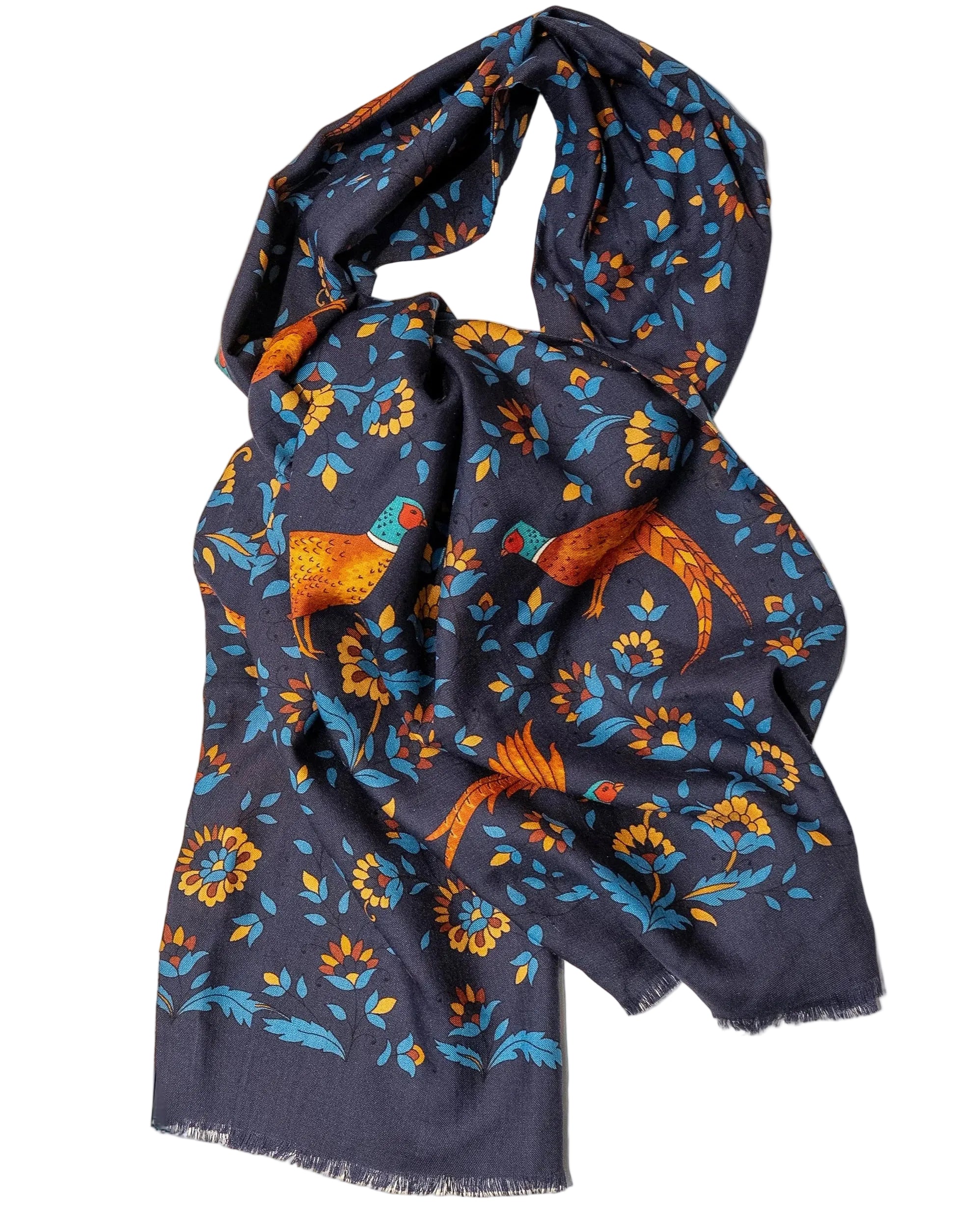 Navy blue scarf with orange and blue floral patterns on a light beige background
