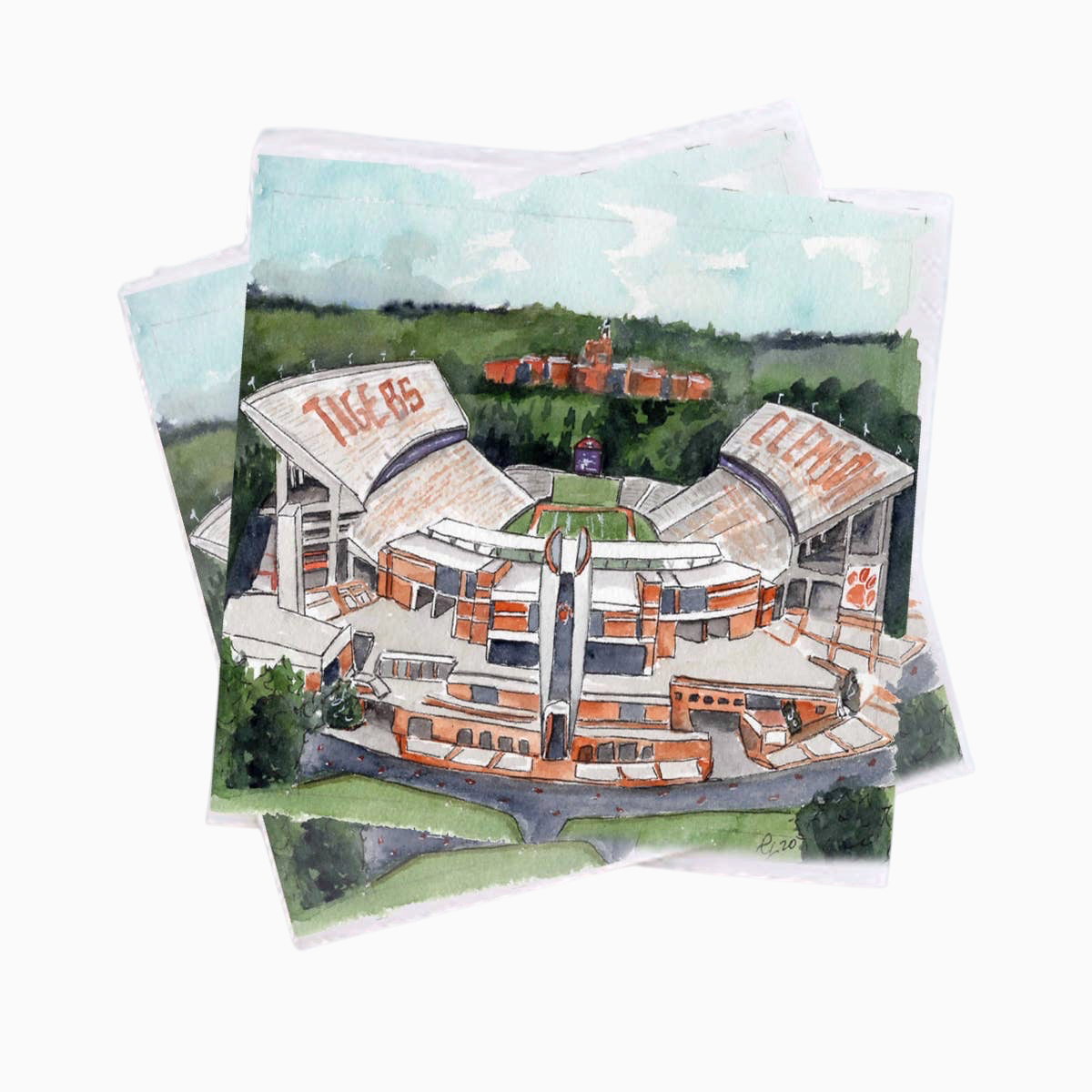 Miller Collective Clemson Tigers Death Valley stadium watercolor cocktail napkins on a light blue background