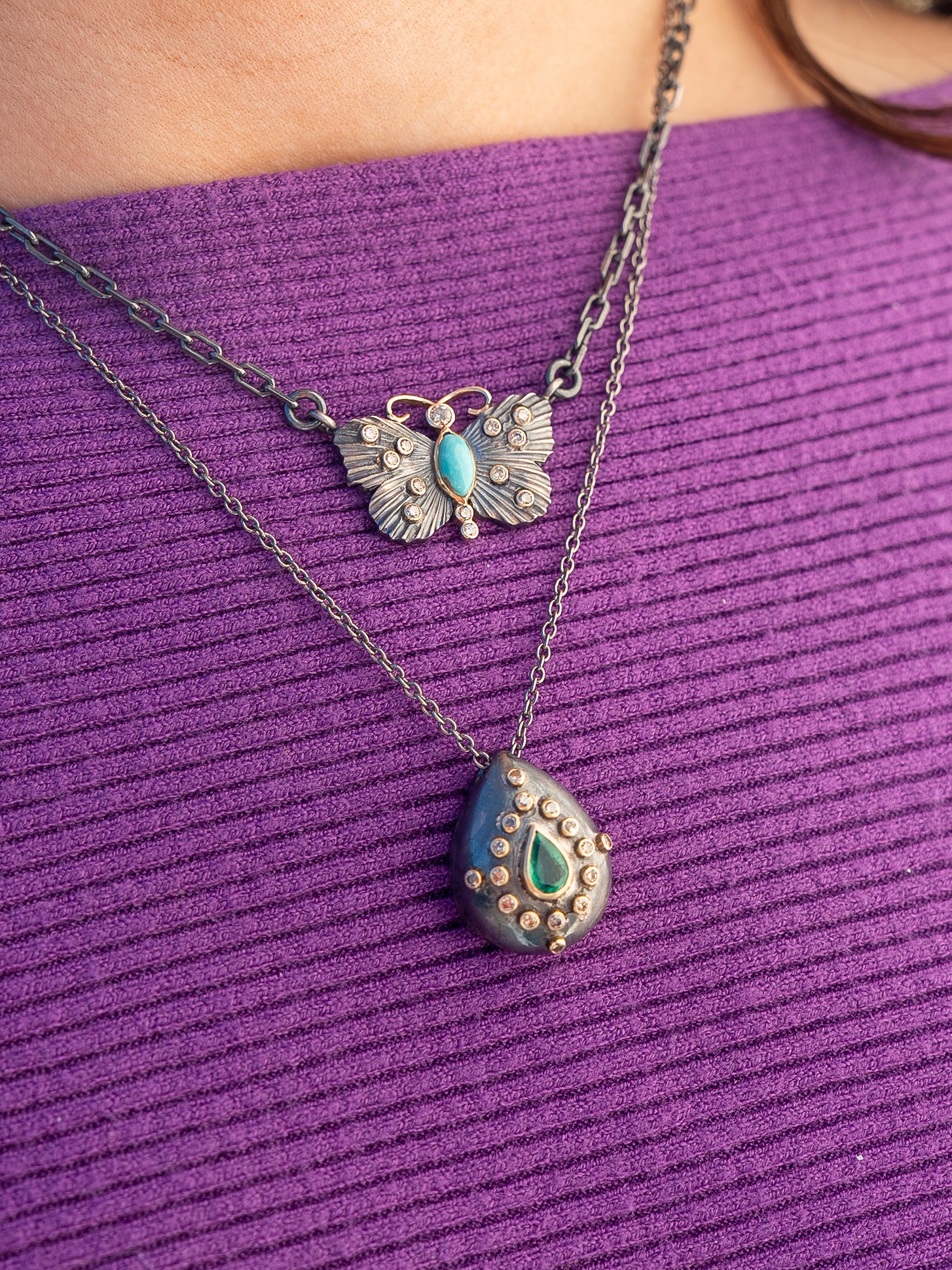 Turquoise & Diamond Butterfly Chain Necklace