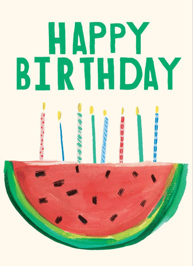 Birthday card with watermelon slice and candles on a white background