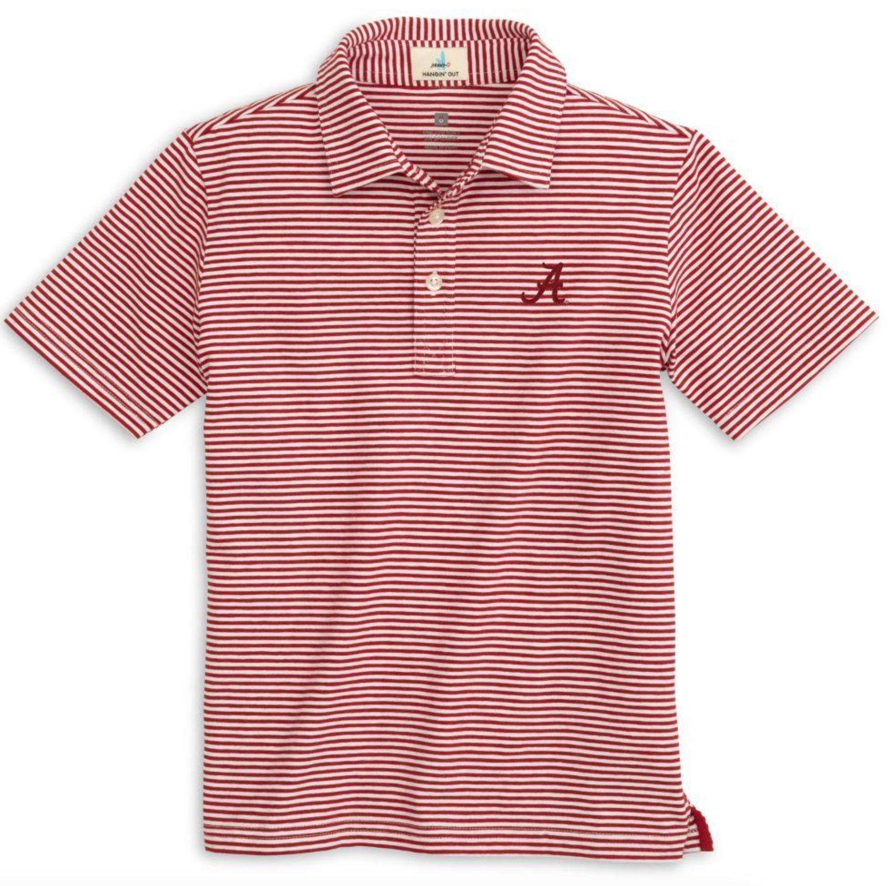 A red and white striped boys' polo shirt with an embroidered Alabama logo on the left chest pocket.