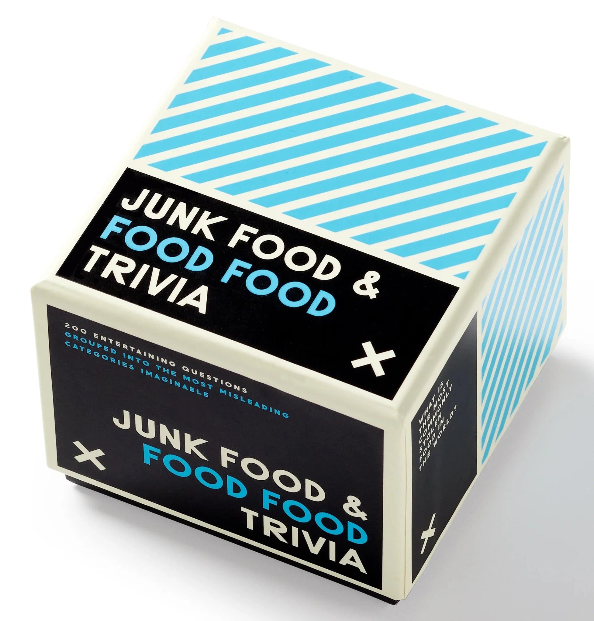 Cube-shaped box with 'Junk Food & Food Food Trivia' text on a white background