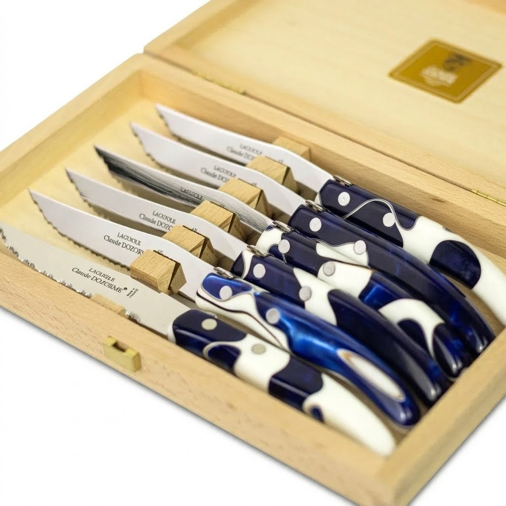 Box of 6 Blue Marble Steak Knives