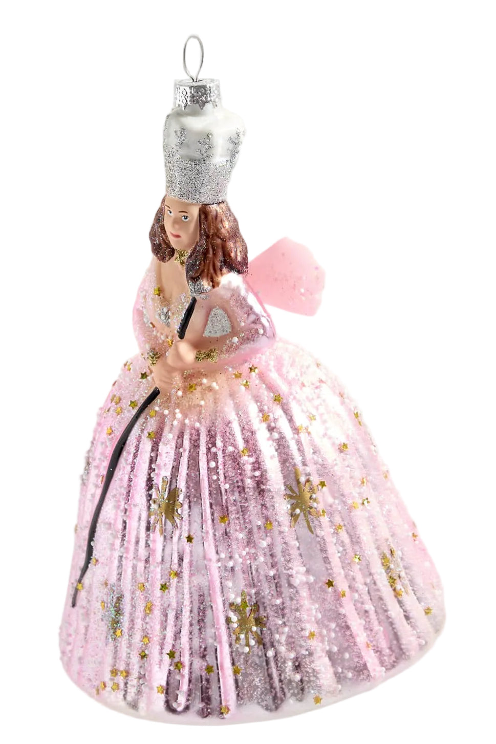 Decorative Christmas ornament of a fairy in a pink dress with gold accents on a white background