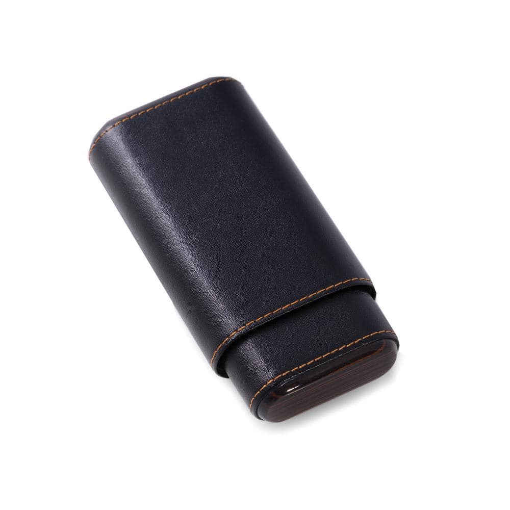 Leather 3-Cigar Case with Ebony Wood Accent