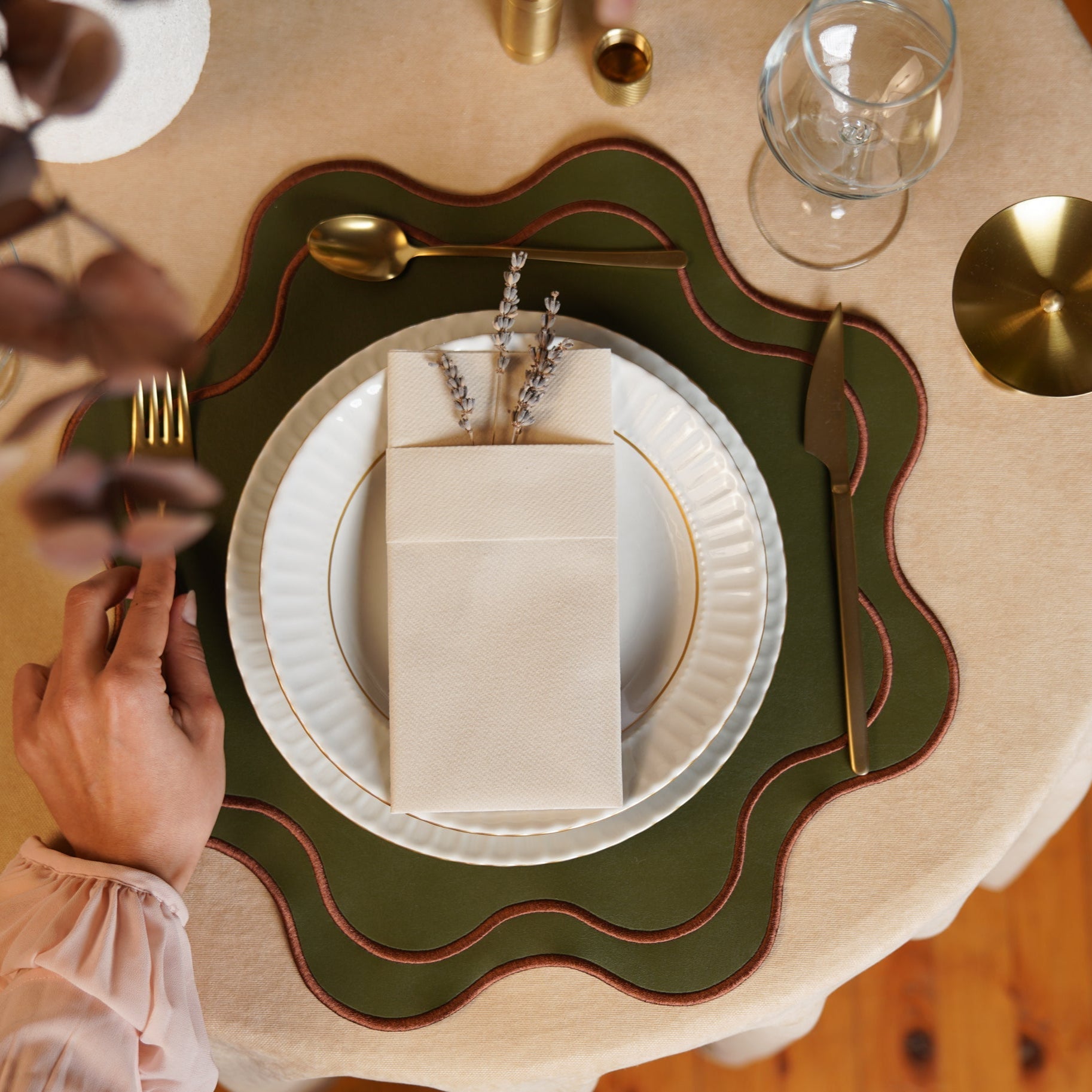 Haven Dark Green with Brown Trim Wavy Edge Faux Leather Placemat