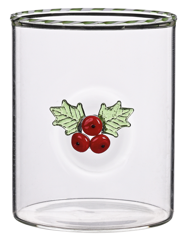 A clear cylindrical glass tumbler with a small holly design featuring green leaves and red berries on the front, set against a plain white background.