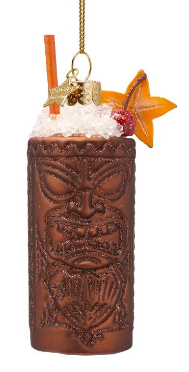 Tiki mug ornament with face design on a white background