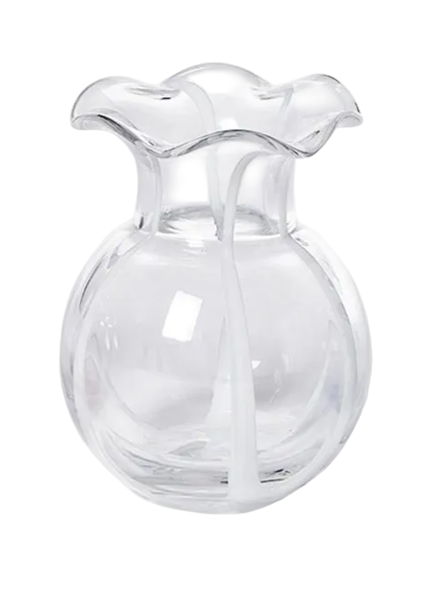Clear glass pitcher with a decorative spout on a white background