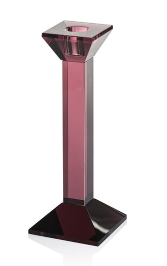 A single translucent pink glass candlestick holder with a square top and base, shown on a clean white background.