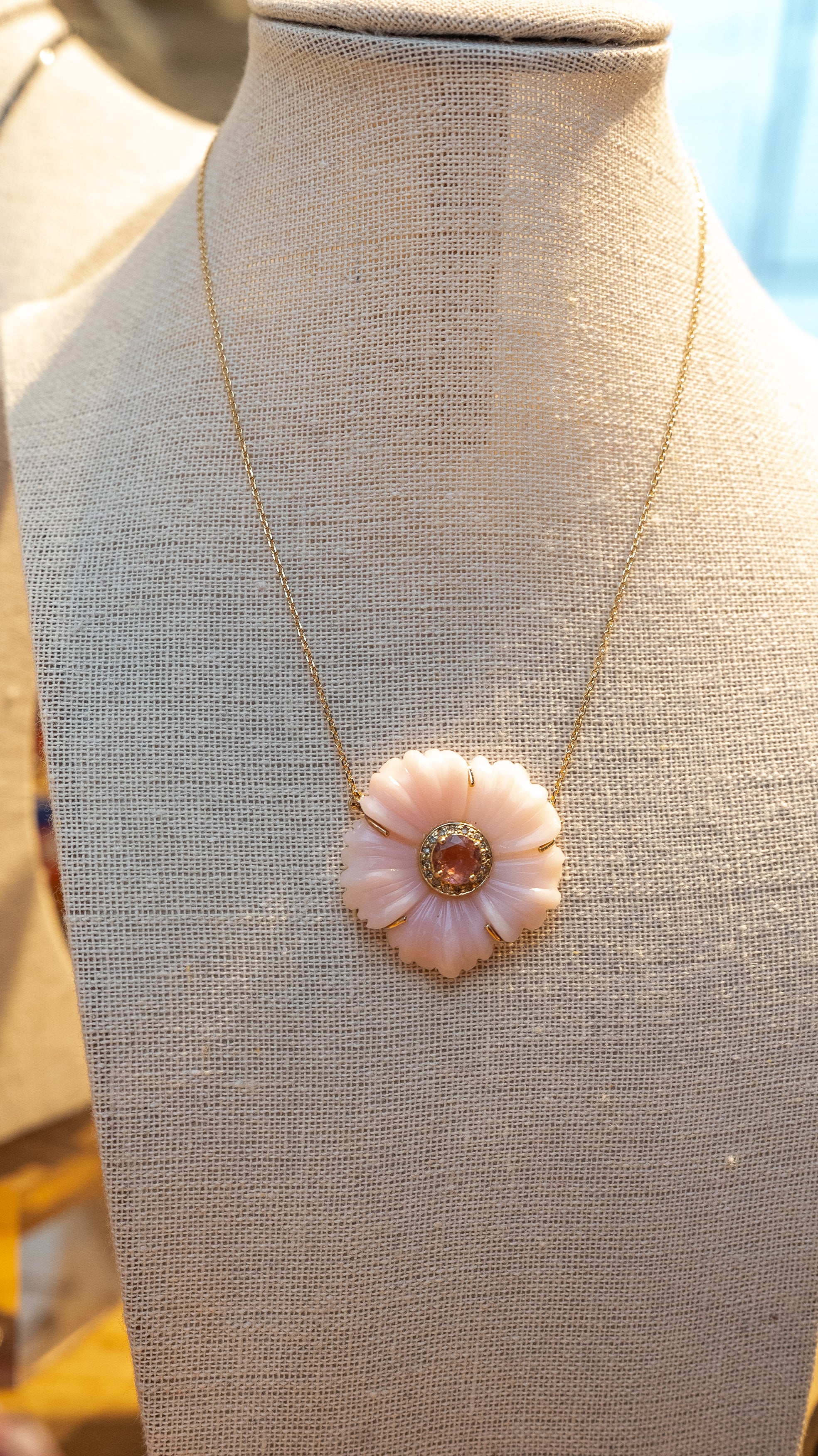 Pink Opal Flower with Pink Tourmaline, Diamonds and 10k Gold
