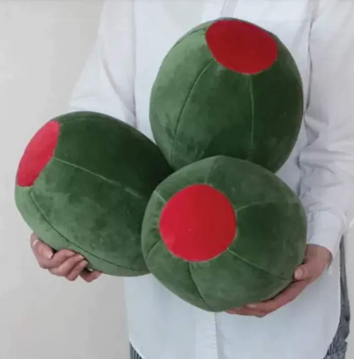 Cotton Velvet Olive Shaped Pillow, Green & Red