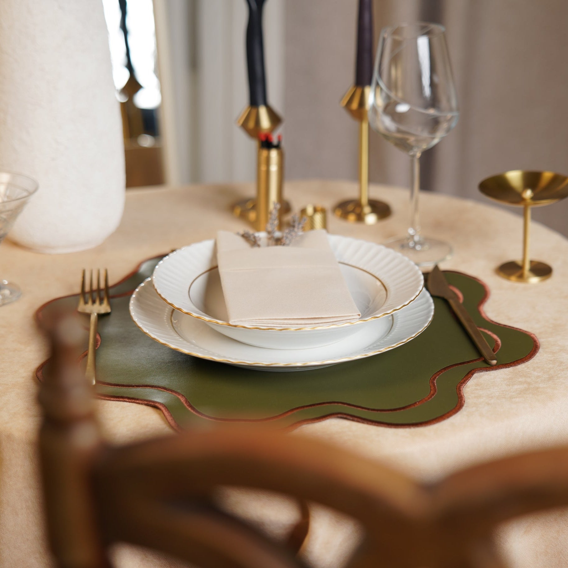 Haven Dark Green with Brown Trim Wavy Edge Faux Leather Placemat