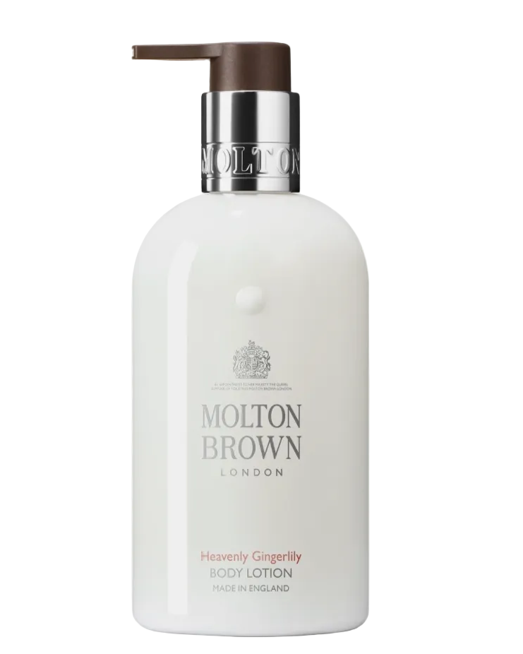 A pump bottle of Molton Brown Heavenly Gingerlily Body Lotion, 10 fl oz.