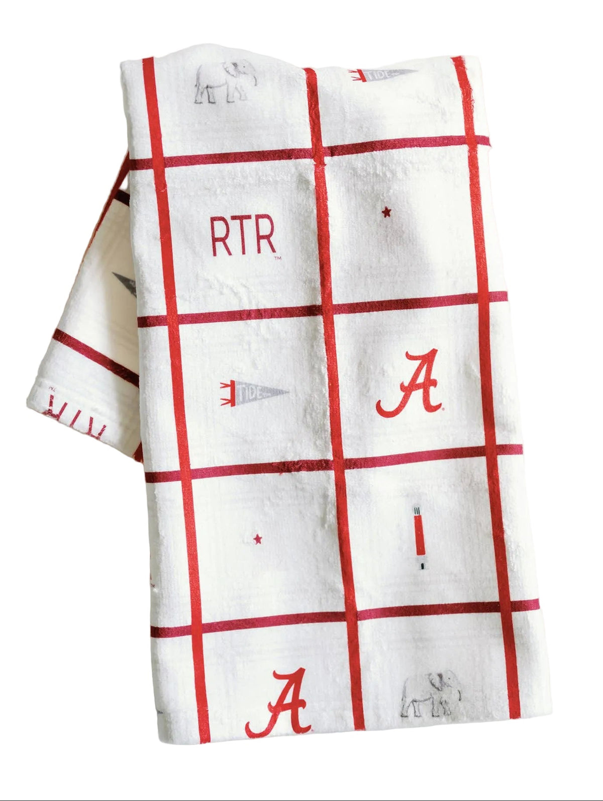 White Alabama towel with red grid pattern Roll Tide Roll and 'RTR' and 'A' logos on a white background