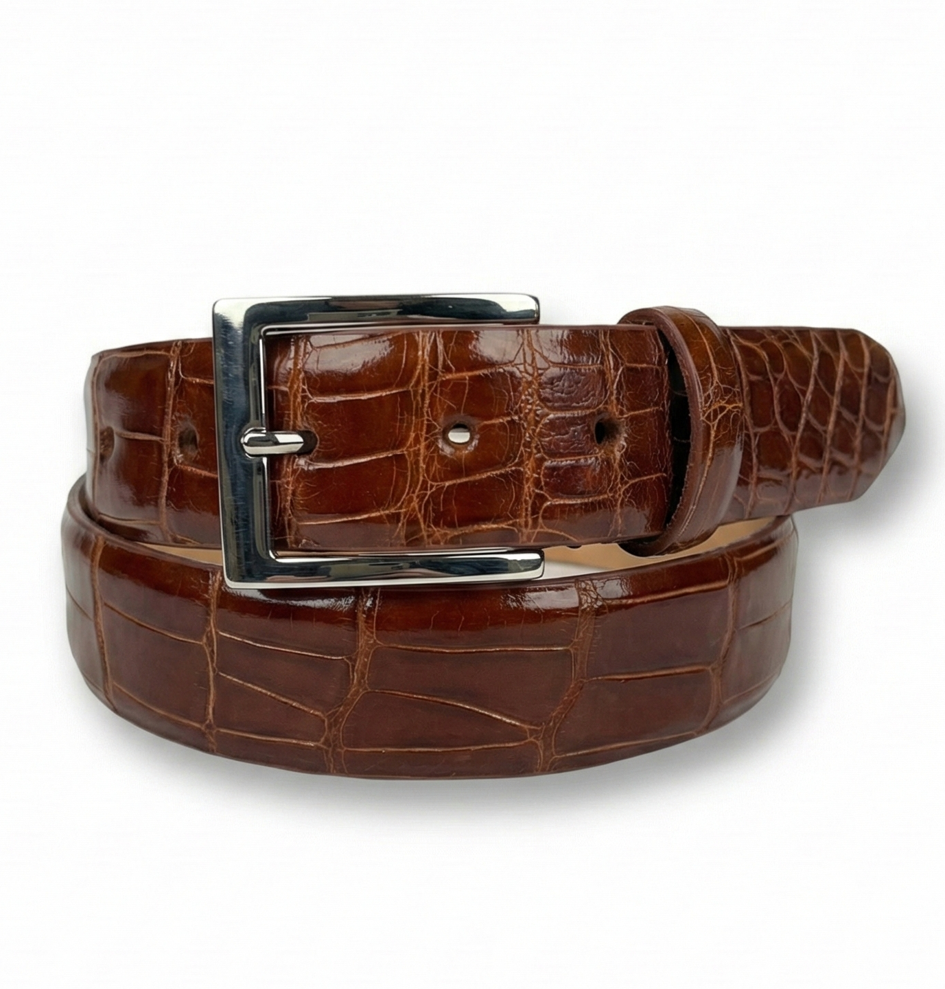Brown crocodile-patterned belt with a silver buckle on a white background