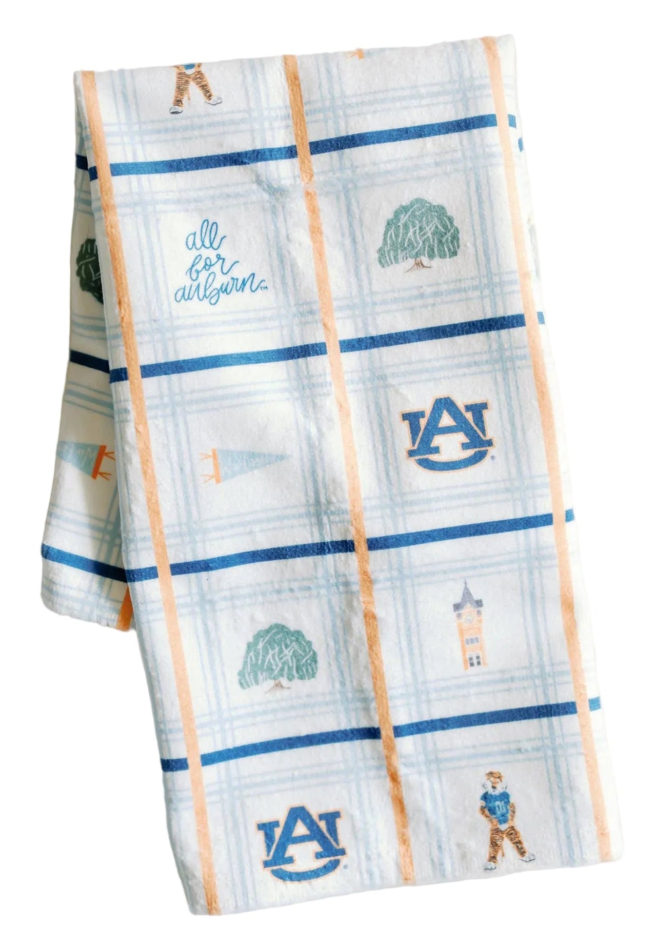 Folded Auburn towel with embroidered designs and text on a light gray background
