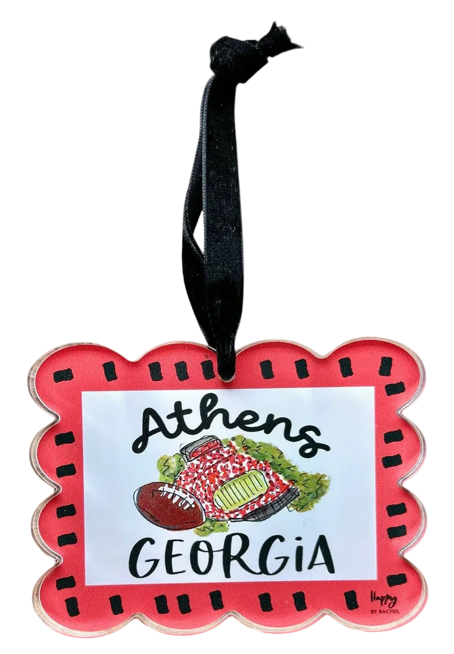 Miller Collective Athens Georgia acrylic stadium ornament with a red scalloped border and black velvet ribbon.