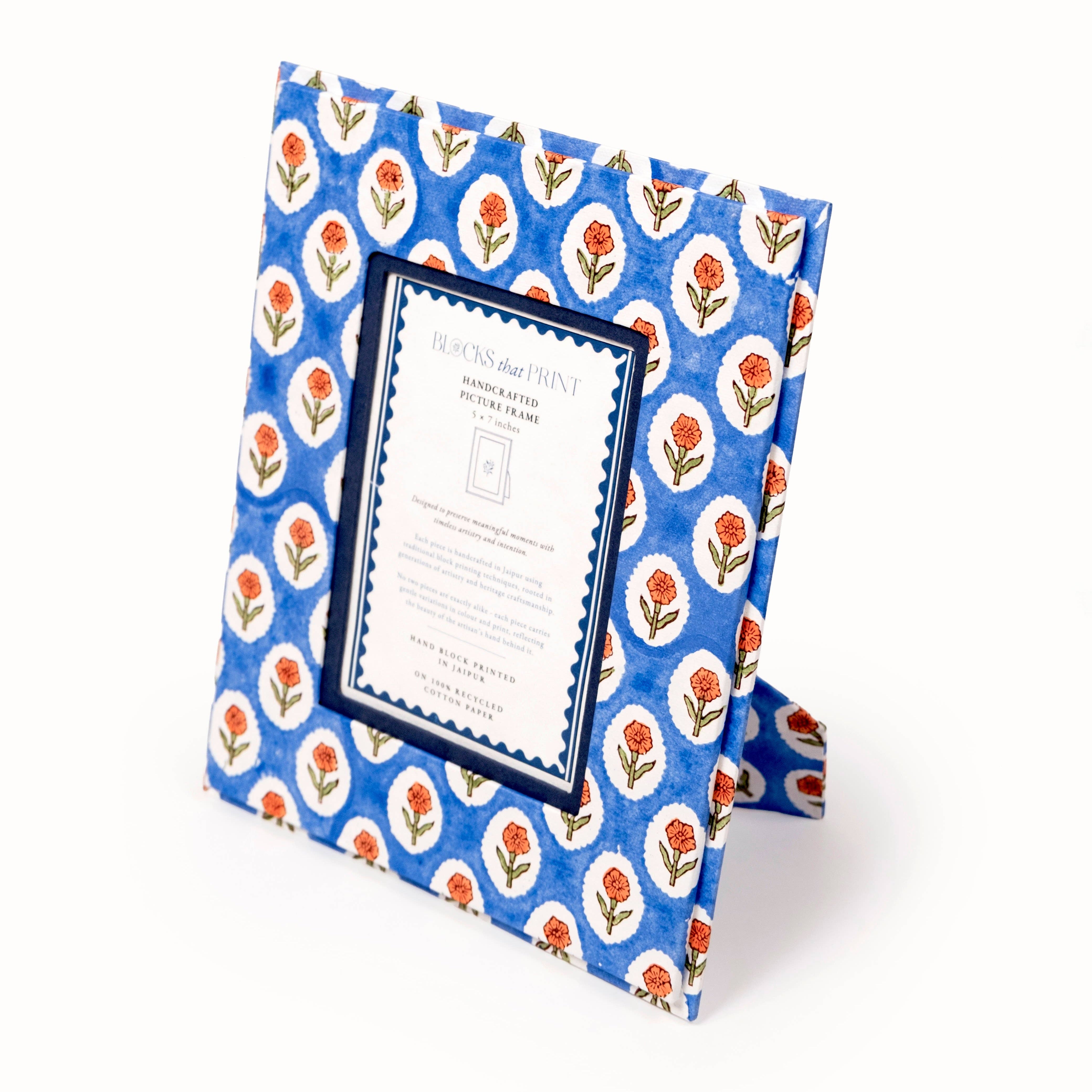 Cobalt Marigold Block Print Frame - 5x7