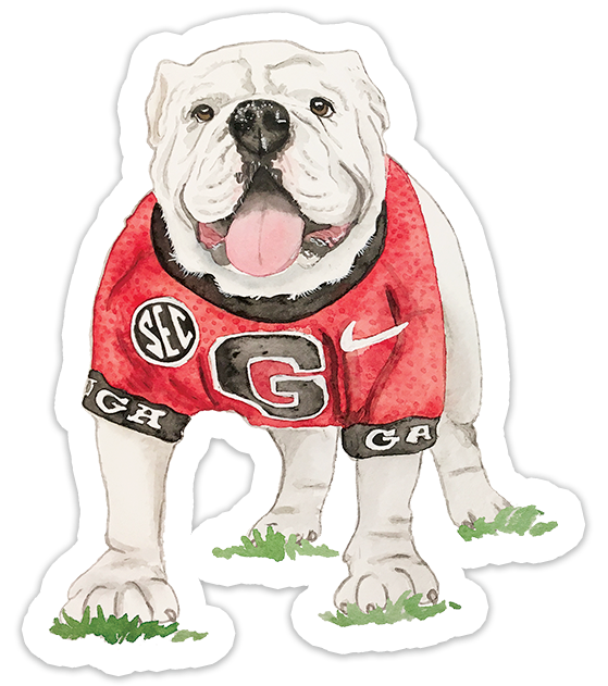 A die-cut sticker featuring a watercolor illustration of an English bulldog wearing a red Georgia Bulldogs jersey with SEC and Nike logos, set against a plain white background.