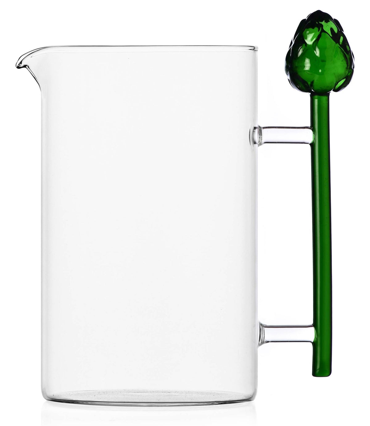 Clear glass pitcher with a long green handle topped by a green bulb-like finial, shown on a white background.