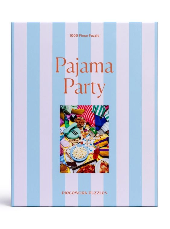 Pajama Party puzzle box with blue and white striped design on a white background