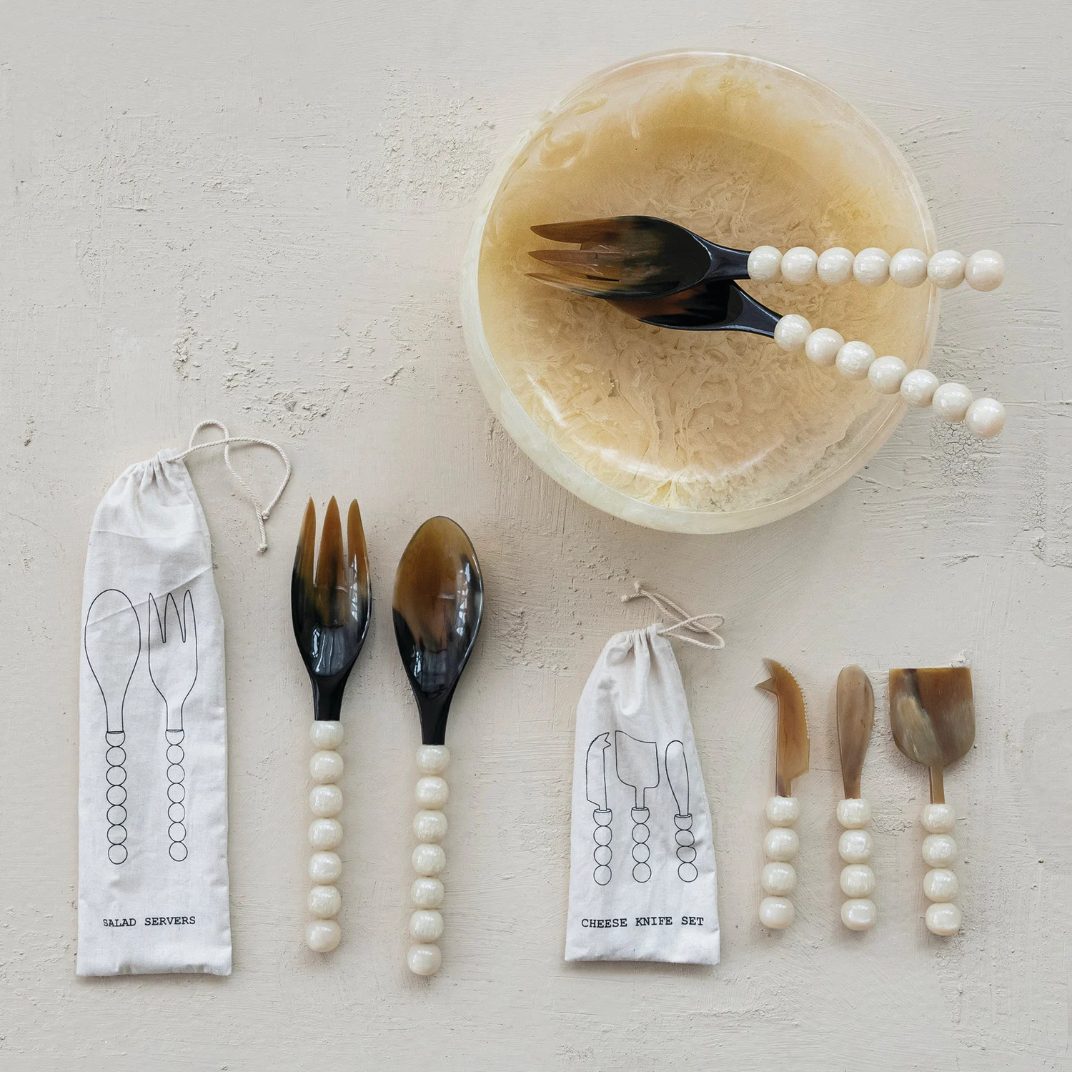 Natural Horn Salad Servers with Resin Handles