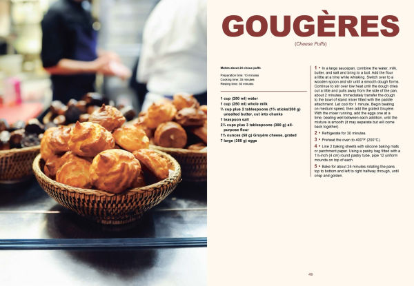 Bread in a basket with text about 'Gougères' on a magazine page.