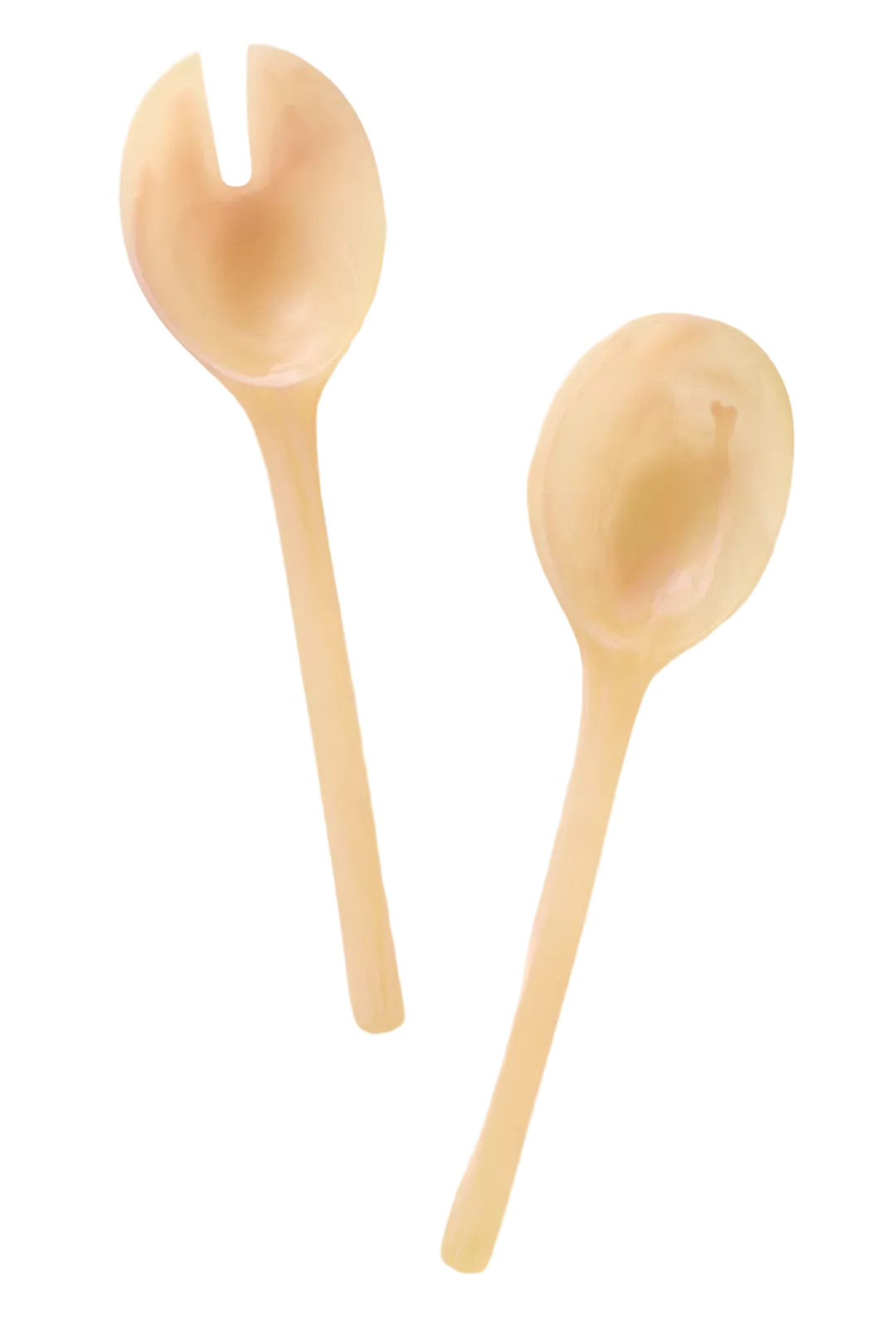 Two translucent pale peach-colored serving utensils, one with a fork head and one with a spoon head, photographed on a clean off-white background.