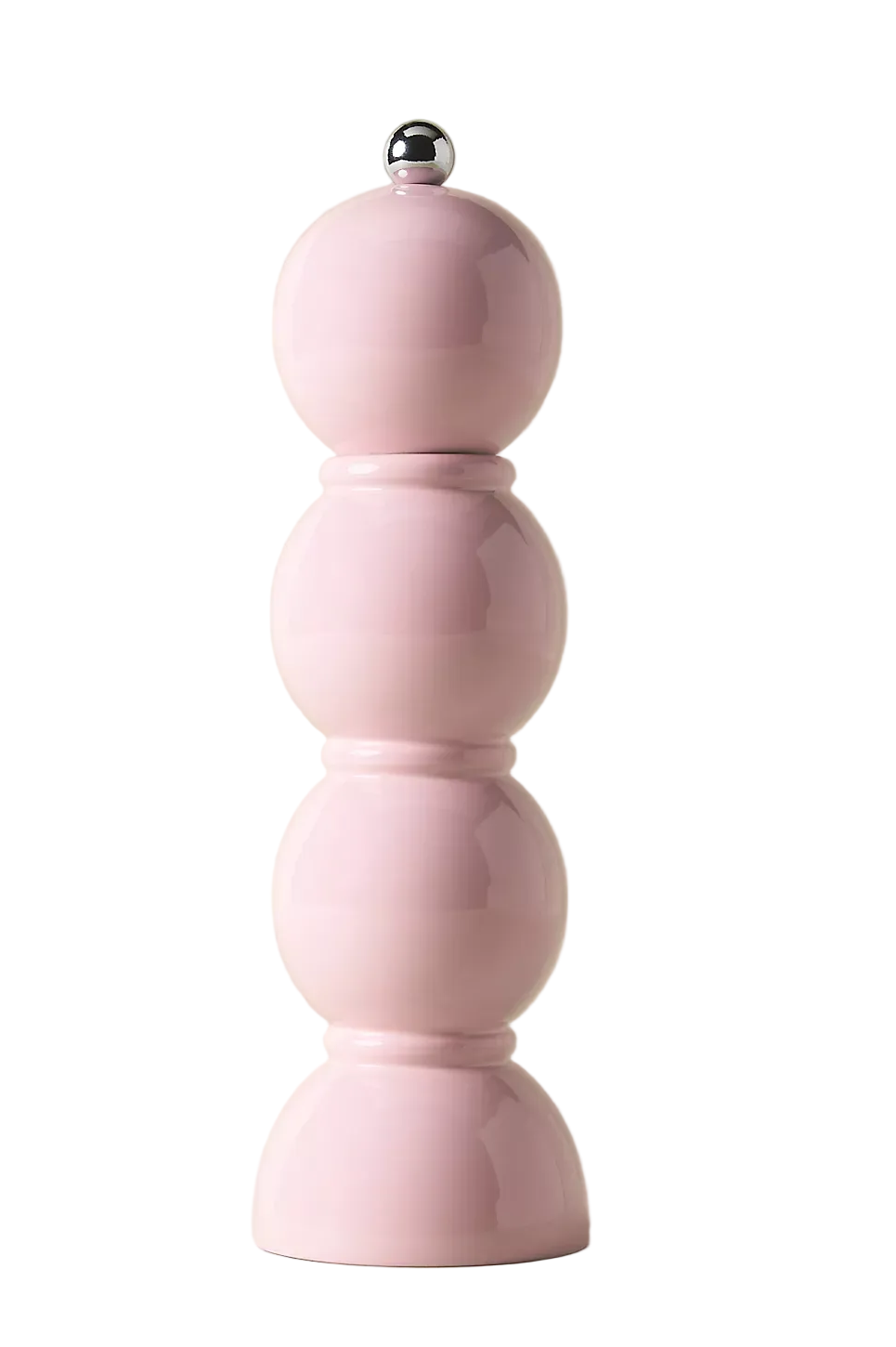 A pastel pink pepper mill with a stacked, rounded design and a small metallic silver knob on top, set against a solid light beige background.