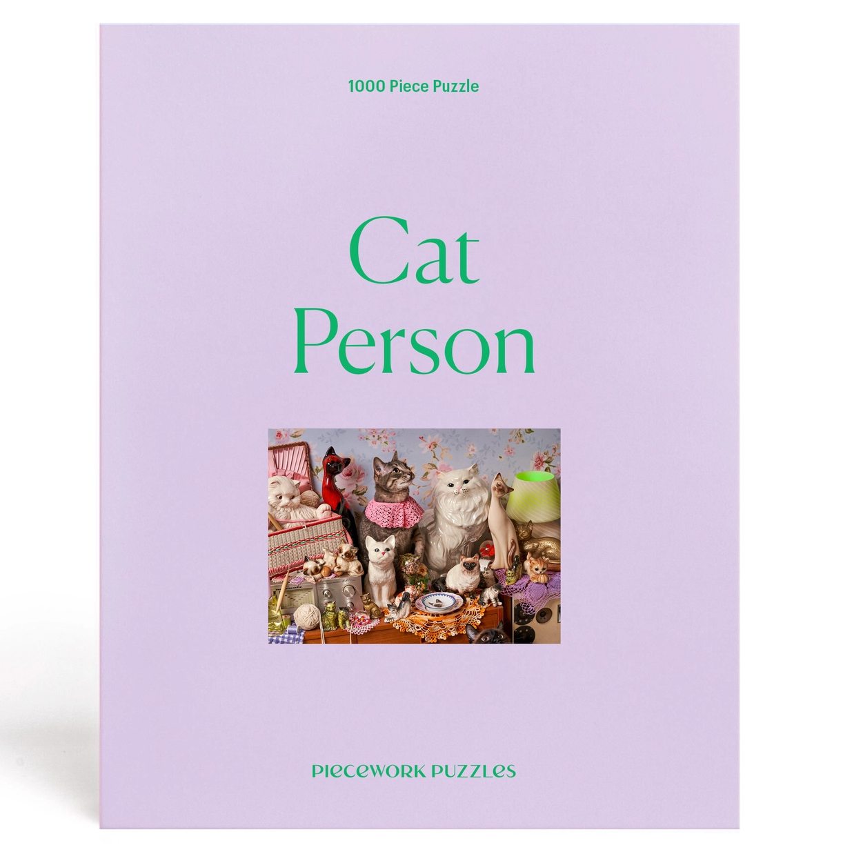 Puzzle box titled 'Cat Person' with images of cats on a light purple background