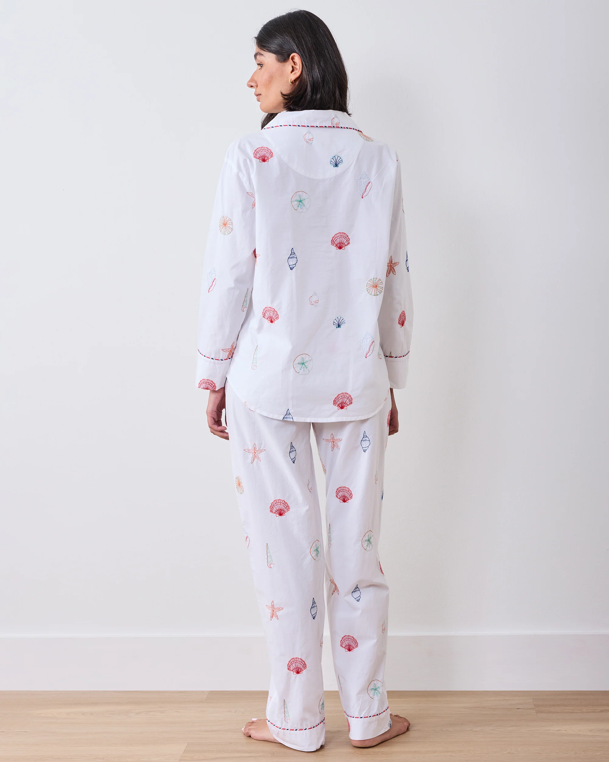 EMBROIDERED SHELLS LONG PJ SET - COASTAL CLOUD