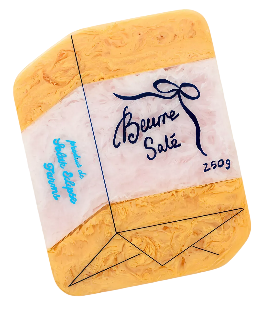 A rectangular cheese board with rounded corners, featuring a marbled yellow-orange pattern with a central white band. The band has a dark blue bow illustration, the words 'Beurre Sale' in dark blue script, and blue text reading 'Piment de Provence'.