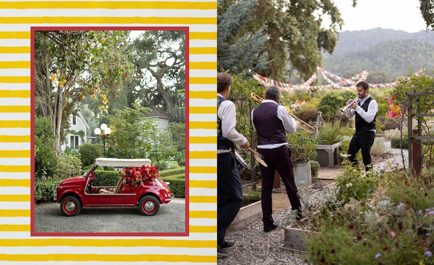 Red car with decorations in a garden setting