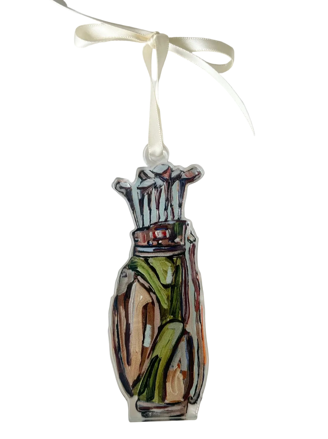 Decorative ornament with a design of a golf bag and club on a white background