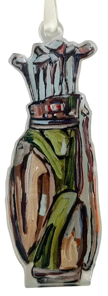Decorative ornament with a design of a golf bag and club on a white background