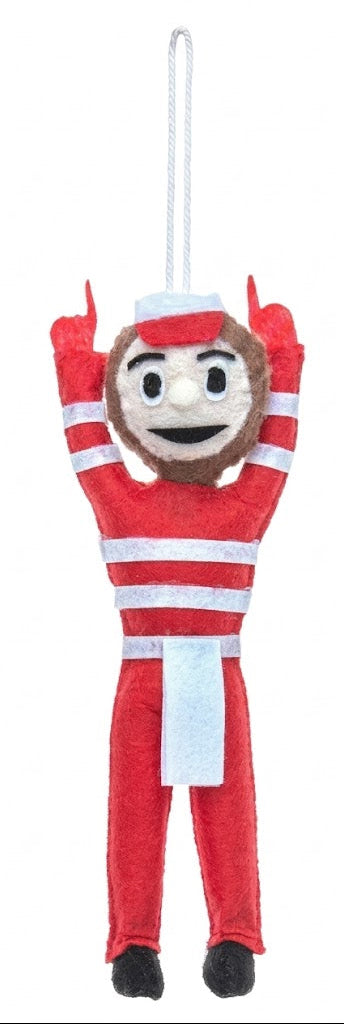 Plush toy figure of a character in a red outfit with white accents on a white background