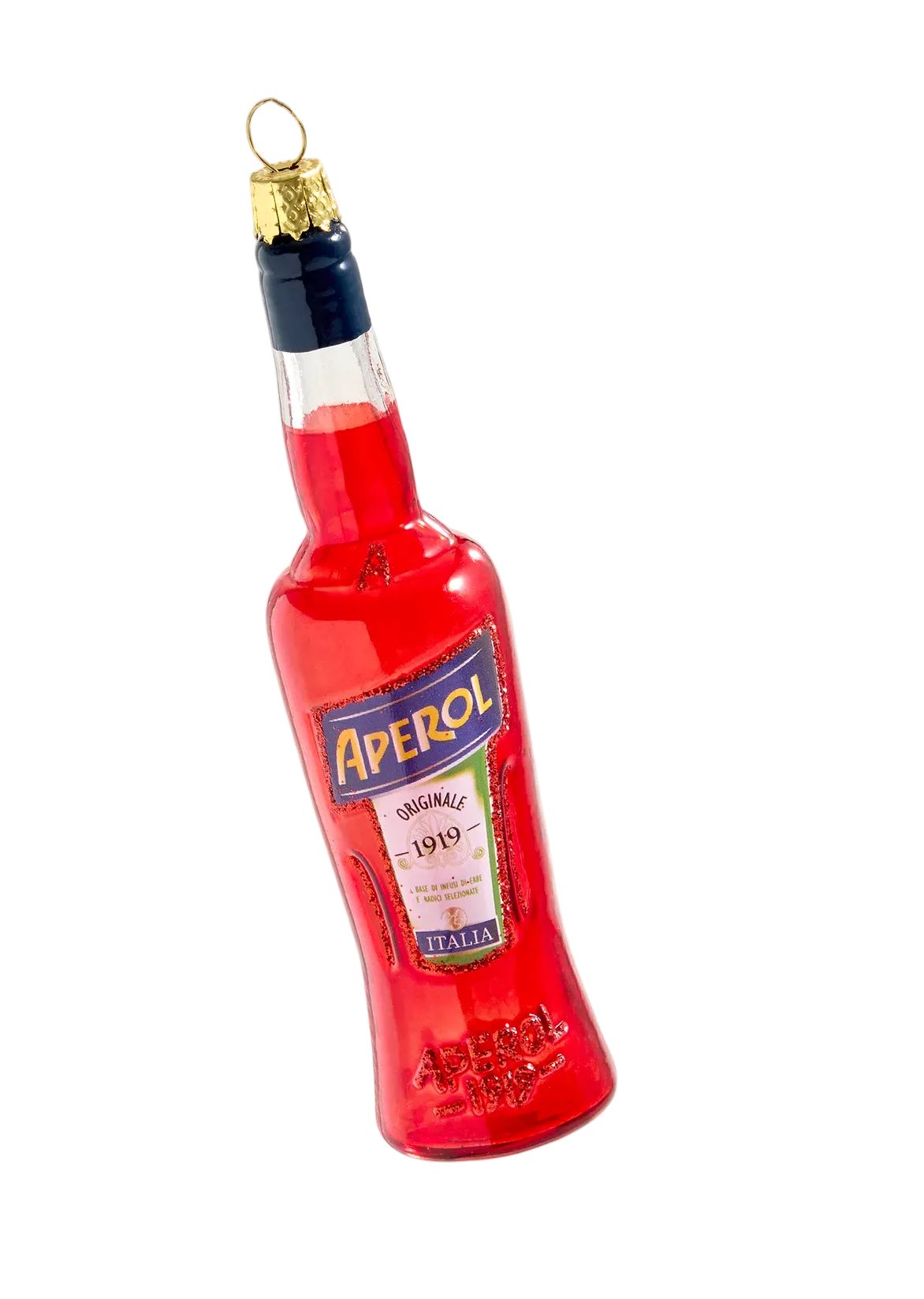 Aperol bottle Christmas ornament on a white background