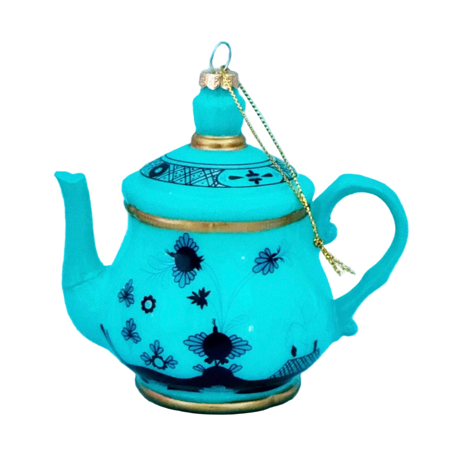 A turquoise blue ceramic ornament shaped like a teapot, decorated with black floral and butterfly motifs and accented with gold trim, shown against a solid light blue background.