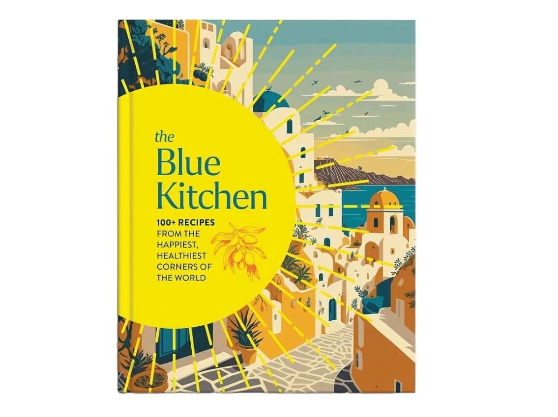 Book cover of 'The Blue Kitchen' with a colorful illustration on a white background