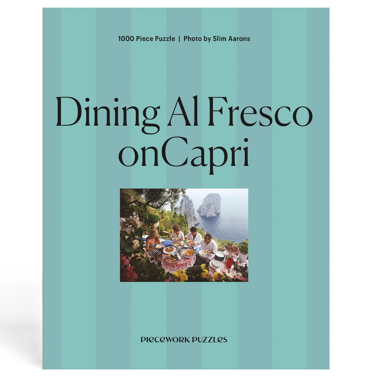 Puzzle box titled 'Dining Al Fresco on Capri' with a scenic photo on a light blue background