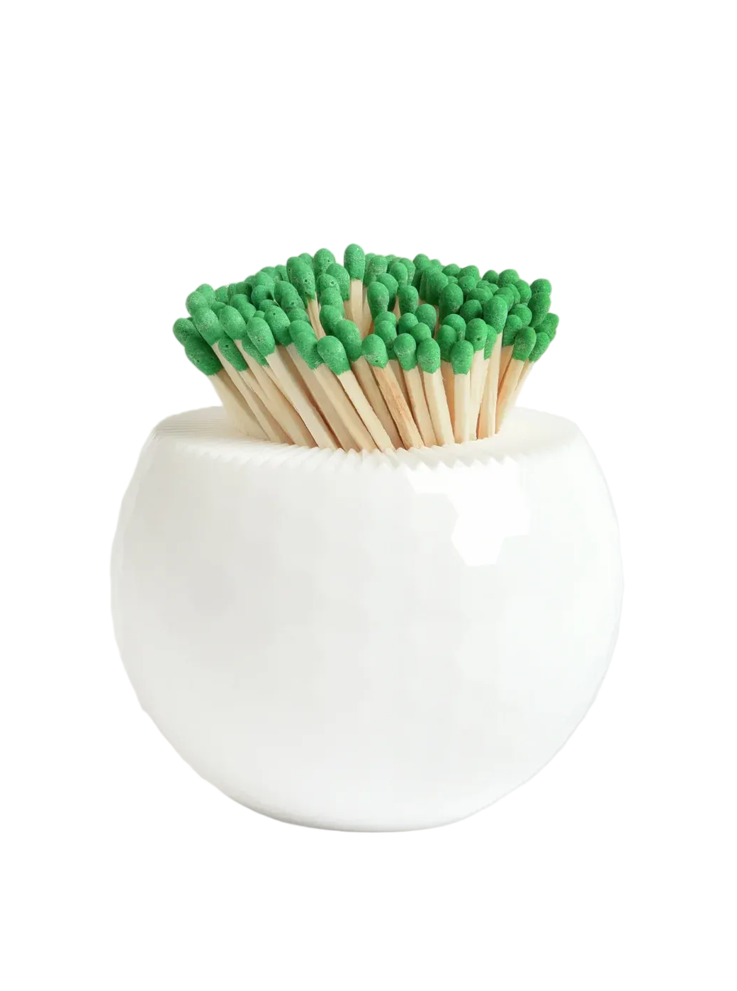 White container with green matches on a white background