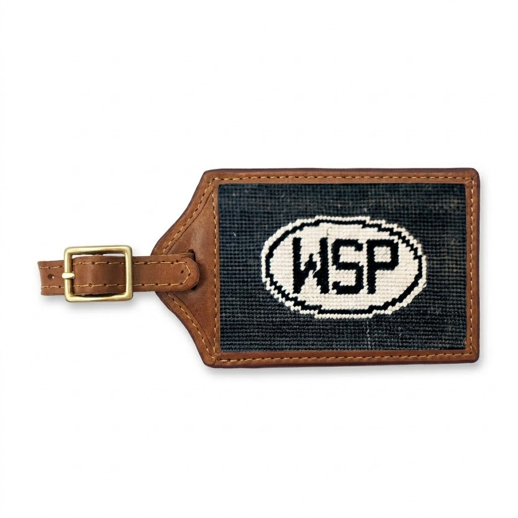 Luggage tag with 'WSP' monogram on a white background wide spread panic luggage tag