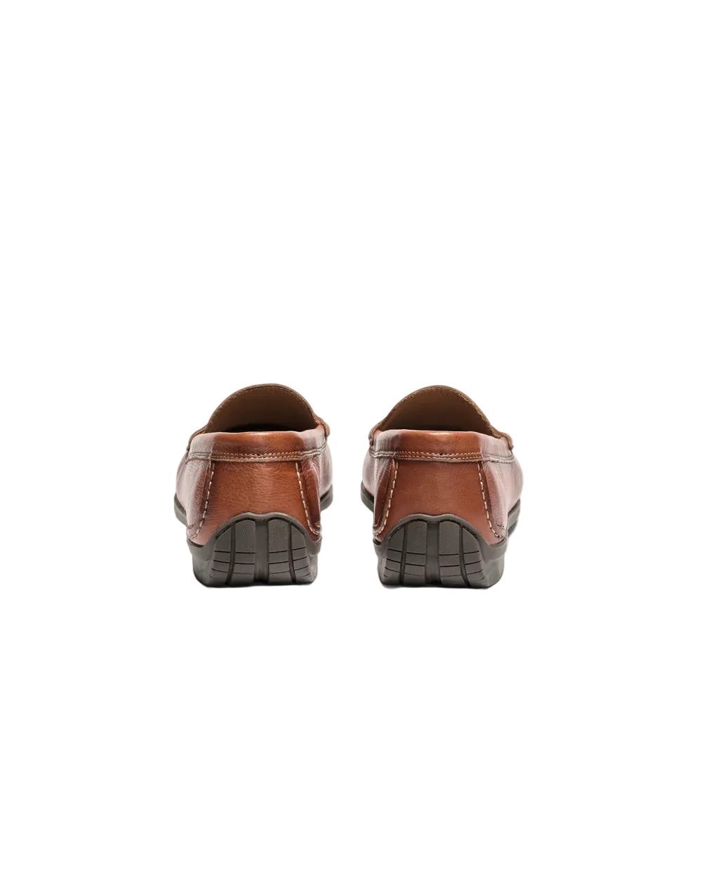 A pair of brown leather slip-on shoes shown from the back on a light gray studio background.