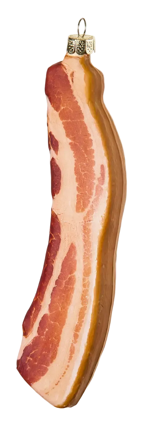 A realistic bacon slice Christmas ornament with a hanging loop at the top, shown against a plain light gray background.