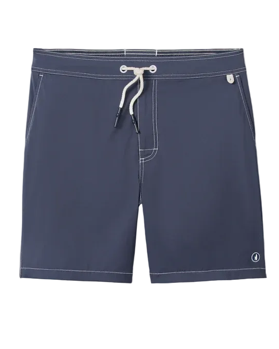 Navy blue shorts with a white drawstring on a light gray background