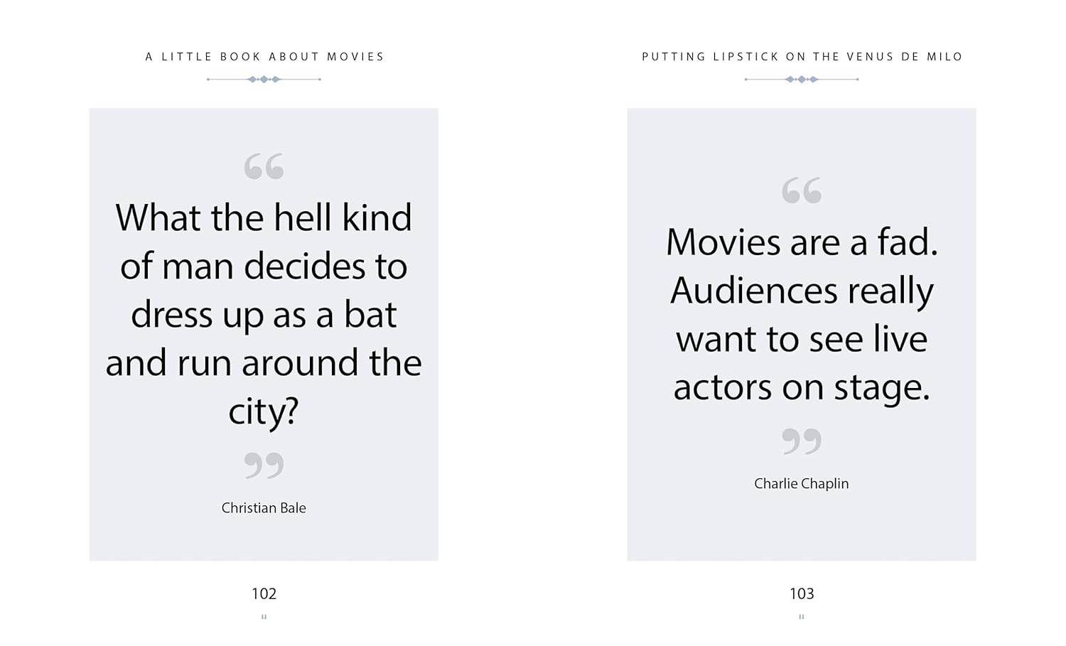 Two book pages with movie-related quotes by Christian Bale and Charlie Chaplin on a white background.